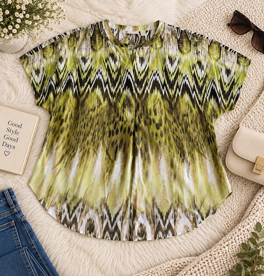 Chico’s Size 3 XL Green Black Cream Abstract Print Blouse Tunic